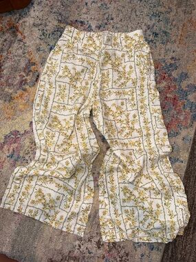 Joie White Linen Pants with Yellow Floral & Green Vine Print